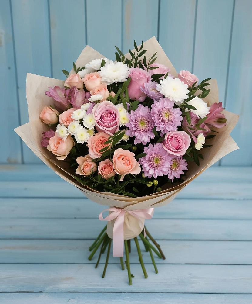 Букет цветов из: Хризантемы, Розы и Альстромерии в Супсех