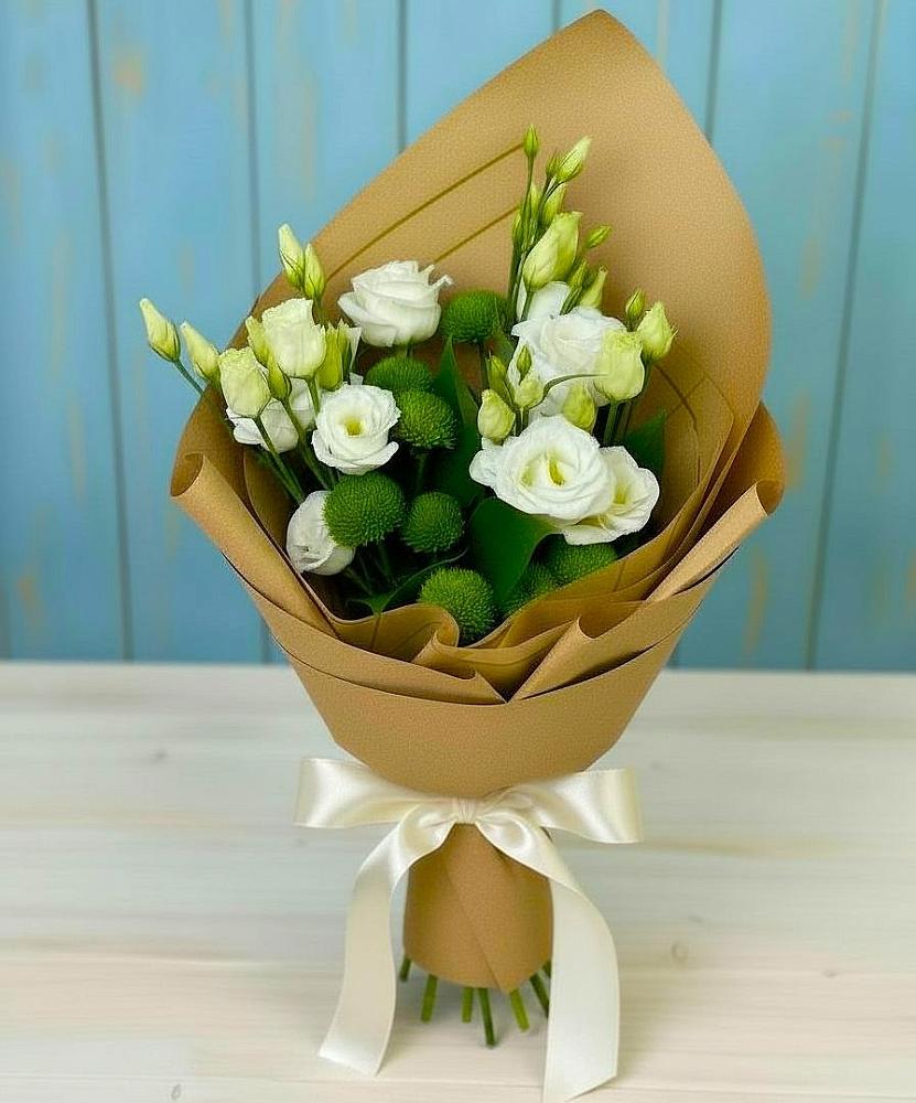 Букет цветов из: Хризантемы и Лизиантусы в Супсех