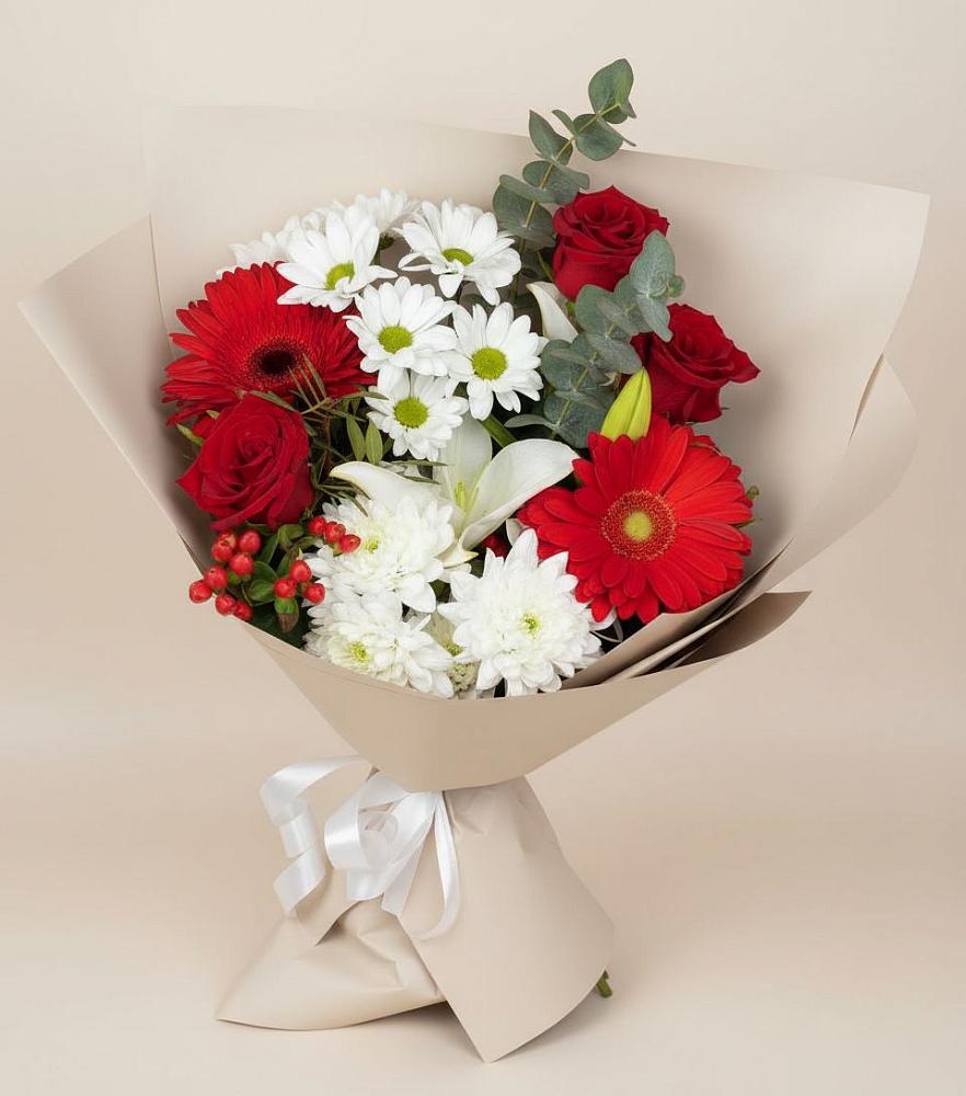 Букет цветов из: Розы, Хризантемы, Герберы и Лилии в Супсех
