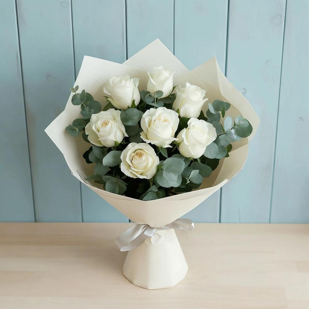 Букет Белые розы в Эвкалипте в Супсех