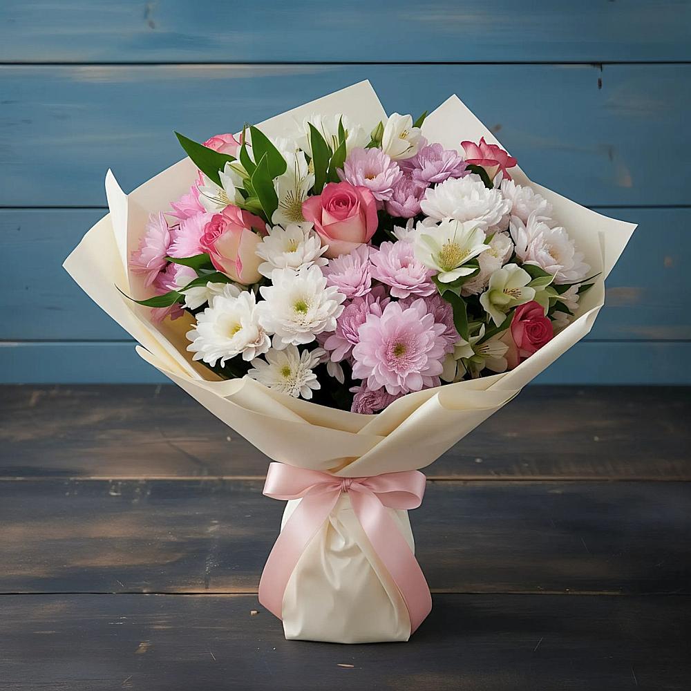 Букет цветов из: Хризантемы, Альстромерии и Розы в Супсех